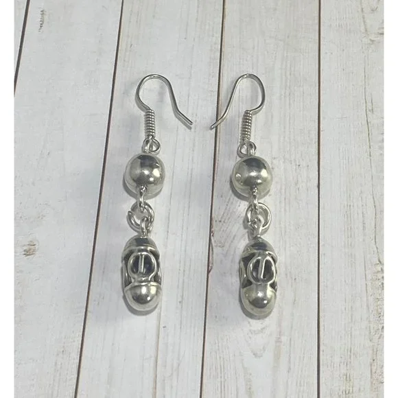 Sterling Silver Filigree Dangle Ball Earrings Hook Pierced Fine - Picture 3 of 7